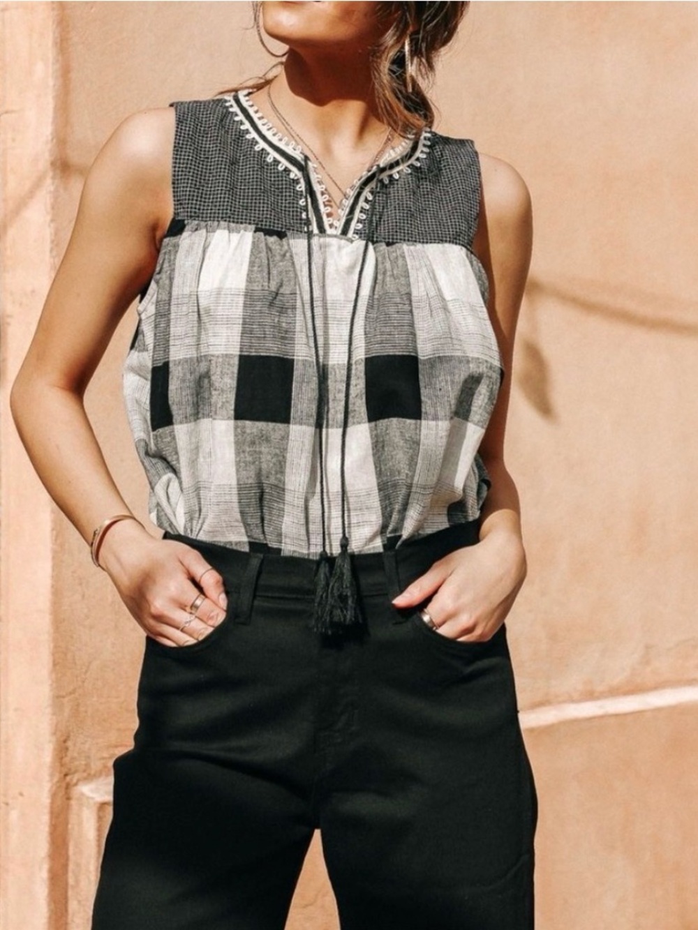 Böhme Vera Buffalo Plaid Embroidered Bib Tank Top - Linen Blend - Medium